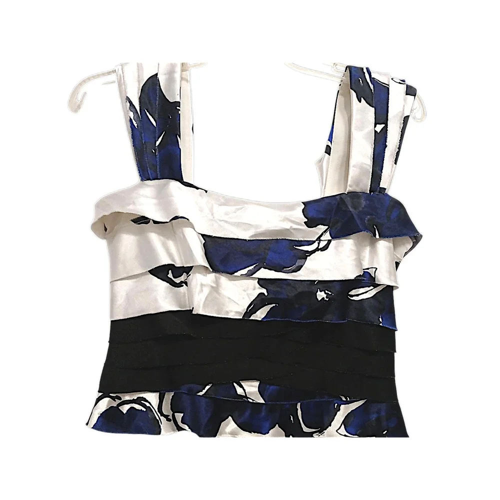 Jones Wear Satin Tiered Coctail Mini Dress Size 6 White Blue Floral‎ Sleeveless